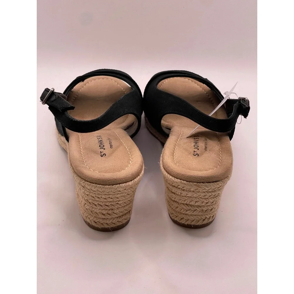 St. Johns Bay Lone Black Espadrille Wedge Sandals Memory Foam Womens 8.5 M